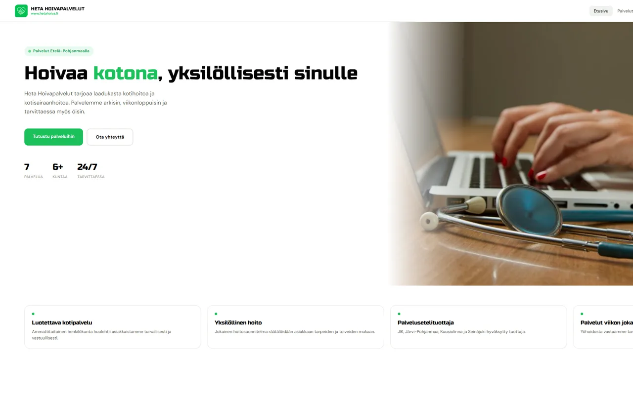 Heta Hoivapalvelut -sivuston etusivu